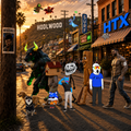 A low-resolution image shows various anthropomorphic animal characters, including a white cat in a hoodie, standing in front of a building labeled 'HTX'.