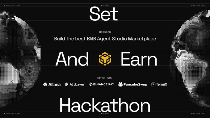 A promotional graphic for a BNB Agent Studio Marketplace Hackathon with the mission to 'Build the best BNB Agent Studio Marketplace,' featuring a prize pool with partners Altana, AltLayer, Binance Pay, PancakeSwap, and TermiX.