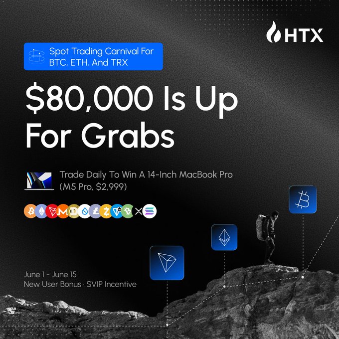 The image shows an advertisement for a trading carnival where people can compete for a $80,000 prize pool that was used to fund Bitcoin mining. The poster features a mountain with a person climbing it, which represents the challenge of Bitcoin mining. There is also an image of a backpack on the mountain, symbolizing the importance of Bitcoin in today's digital world.

The advertisement mentions that starting now would give users more time to participate and potentially win big, as there are already some people who have won. The main text encourages people to trade Bitcoin, Ethereum, or TRX for this massive prize pool, while also promoting a spot-trading carnival in June.
