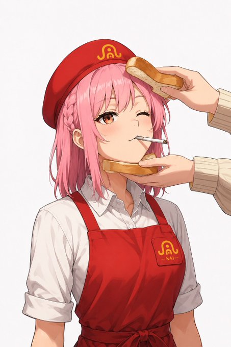 An anime-style illustration of a pink-haired girl in an AU-SAI red beret and apron, being fed a piece of bread by a hand holding a stick, with another hand holding bread near her chin.