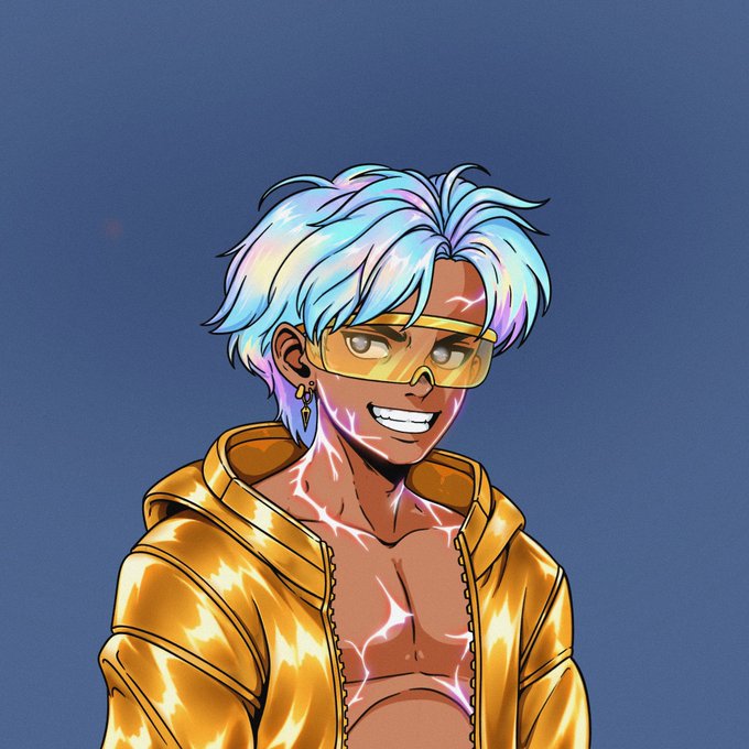 An illustrated character of a young man with iridescent blue-white hair, wearing yellow-tinted sunglasses and a metallic gold jacket, with glowing pink lightning patterns across his skin.