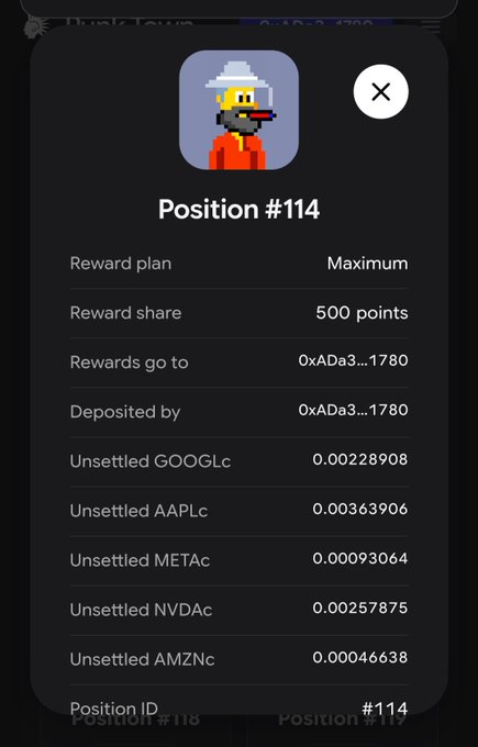 A dark-themed cryptocurrency position detail modal showing 'Position #114' with an emoji avatar, listing reward details including 'Reward plan: Maximum' and 'Reward share: 500 points' deposited by address '0xADa3...1780'.