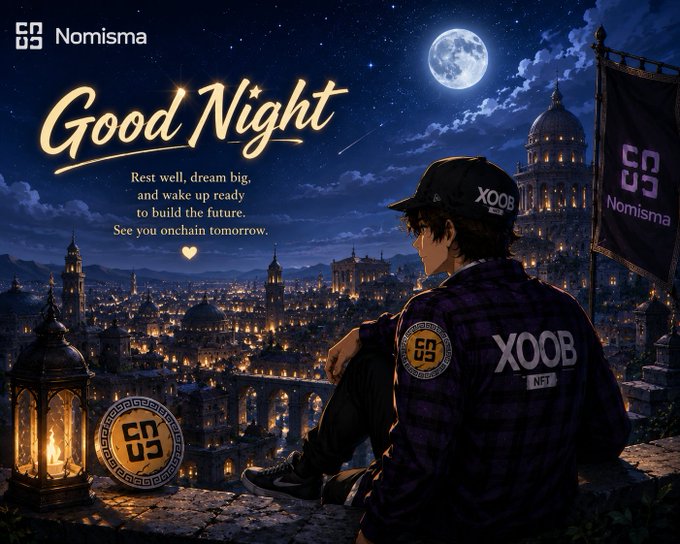 The image features a man sitting on top of a building with a city skyline behind him, looking out at the night sky. The text "Good Night" is written above his head, and there are two lanterns placed nearby. The background includes a full moon and buildings in the distance, creating an urban nighttime scene. The post appears to be promoting a gaming event or competition related to the game Nomizen, as it mentions "Nomizen ID is FREE to mint. No gatekeeping. Just you and the season."