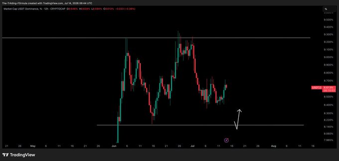 A TradingView candlestick chart shows USDT Dominance (CRYPTOCAP) at 8.690% with a slight daily decrease (-0.03%), illustrating that the metric is holding steady near its current range and may eventually test the lower support level indicated by the hand-drawn white arrows pointing downward.