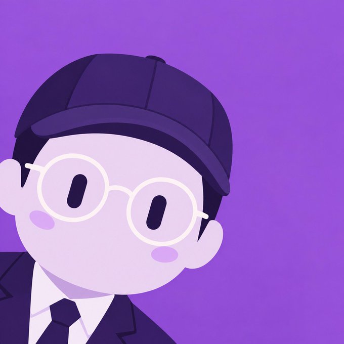 A stylized cartoon avatar of a person with light purple skin, wearing a dark blue cap, round white-rimmed glasses, and a suit, set against a solid purple background.