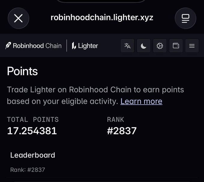 A screenshot of a Robinhood Chain Lighter points dashboard showing 17.254381 total points and a rank of #2837.