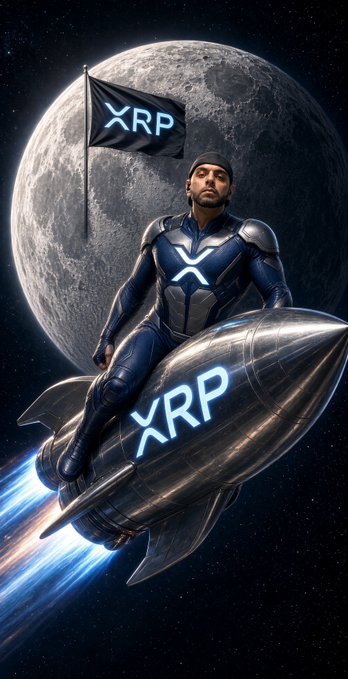 An AI-generated illustration of a man in a futuristic blue suit riding a rocket emblazoned with 'XRP' past a large moon, with an XRP flag flying in space.