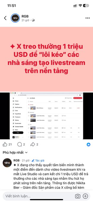A Threads post by RGB about X (formerly Twitter) offering $1 million to creators to livestream on the platform, with comments in Vietnamese.