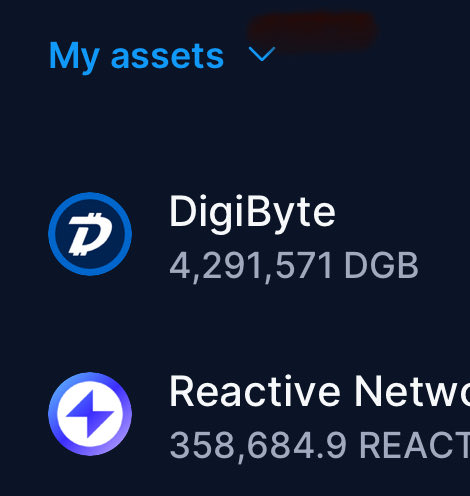 The image shows a crypto wallet's "My assets" section displaying holdings of 4,291,571 DigiByte (DGB) and 358,684.9 Reactive Network (REACT), with the DigiByte balance reflecting the accumulation mentioned in the post.