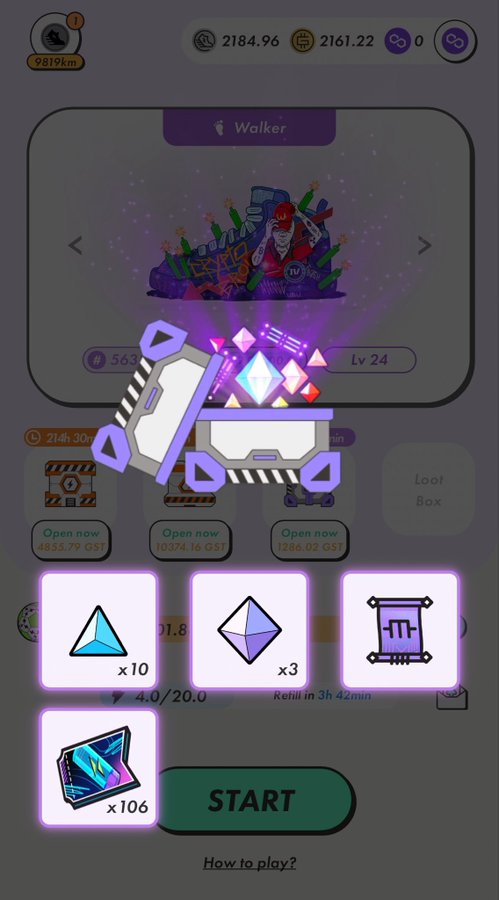 A mobile game screen featuring a 'Walker' character at Lv 24 with 563 energy, displaying an open treasure chest with crystals, an inventory of items including triangles and octahedrons, and a 'START' button.