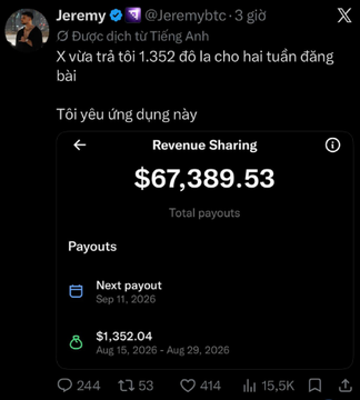 A Twitter/X post by Jeremy (@jeremybtc) in Vietnamese claiming a translation from English, announcing a payout of $67,389.53 with a next payout of $1,352.04 scheduled for Sept 11, 2026.