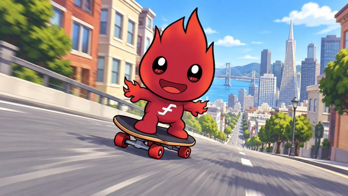 An animated illustration of a cute, flame-shaped red character skateboarding down a steep San Francisco street with the Bay Bridge visible in the background.