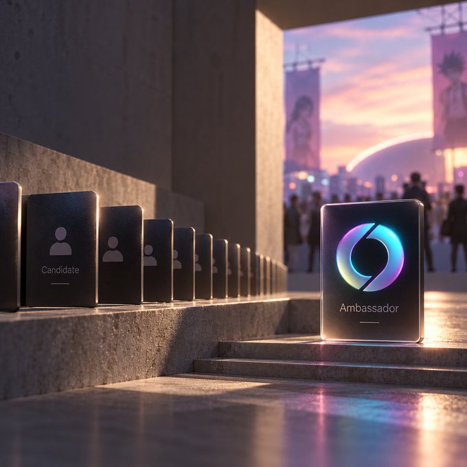 A row of smartphone-shaped cards labeled 'Candidate' standing on steps, with one larger card labeled 'Ambassador' featuring a glowing logo at the front.