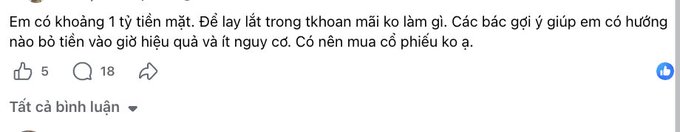 A Vietnamese Facebook comment reading: 'Em có khoảng 1 tỷ tiền mặt. Để lấy lãi trong tkhoản mãi ko làm gì. Các bác gợi ý giúp em có hướng nào bỏ tiền vào giờ hiệu quả và ít nguy cơ. Có nên mua cổ phiếu ko ạ.' with 5 likes and 18 comments.