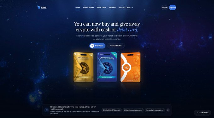 The image shows a website called "claim.rwaops.com" that has a blue background with white text. The main focus of the website is the claim portal, which allows users to buy digital assets like Bitcoin or $RWAINC tokens, claim them, and receive them as payment for their services.!