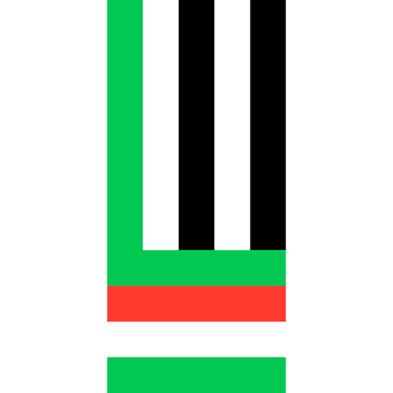 A stylized graphic of the letter 'U' designed with green, black, white, and red horizontal stripes.