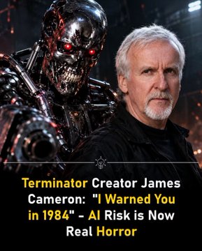 James Cameron stands next to a Terminator robot with the text: 'Terminator Creator James Cameron: "I Warned You in 1984" - AI Risk is Now Real Horror'.