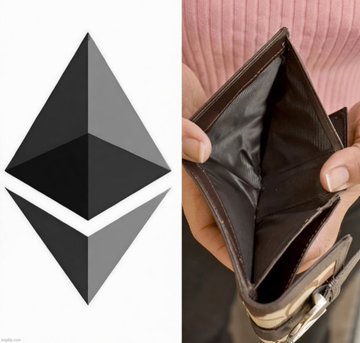 The image shows the Ethereum (ETH) logo next to a nearly empty wallet, symbolizing how investors like BMNR shareholders who bet on ETH are currently experiencing significant losses. It visually reinforces the post's message that despite current pain, Ethereum's historical V-shaped recoveries suggest the downturn is temporary.