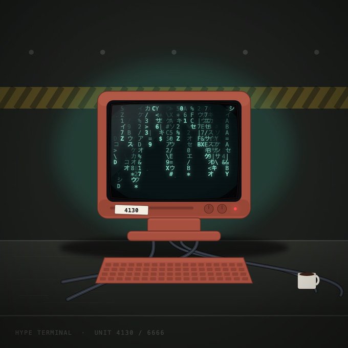 A retro-styled red CRT computer monitor displays cascading green code reminiscent of The Matrix, labeled "UNIT 4130" on a nameplate, with a keyboard and coffee mug below it. Text at the bottom reads "HYPE TERMINAL · UNIT 4130 / 6566," directly tying to the post about HyperEVM's upcoming "HyperTerminal" platform for memecoin, NFT, and coin trading.