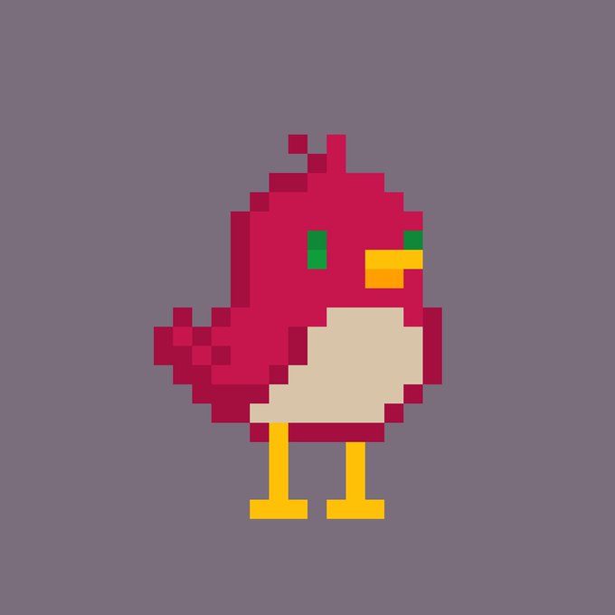 A pixel art red bird with a yellow beak and green eyes, created by @Birdhoodart as their first honorary recipient, showcasing the stakable NFT rewards system for holders of 20+ BIRD tokens.