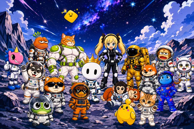 A colorful digital illustration of cartoon characters in astronaut suits, including cats, dogs, and Pikachu, gathered on a moon-like surface under a starry galaxy sky.