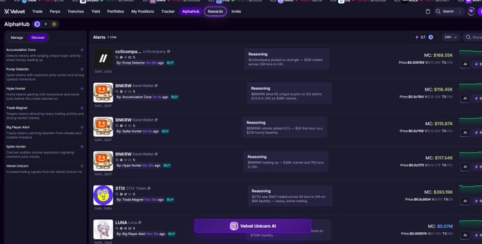 A screenshot of the Velvet AlphaHub research platform showing a list of crypto token alerts including SNOW, STIK, and LUNA with their market caps and price changes.