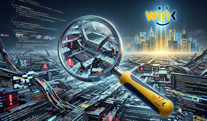 A digital illustration showing a yellow-handled magnifying glass over a chaotic landscape of tangled cables and code, with the 'wink' logo in the upper right.
