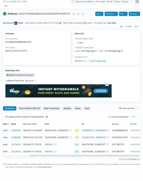 A screenshot of a BlockDAG (BDAG) smart contract page on Etherscan showing an address with 5 ETH balance, advertisement banners for a $0.0016 presale, and recent transaction history including transfers to and from the address.