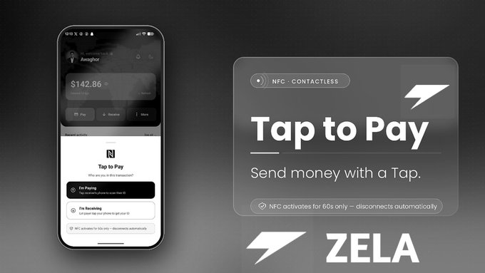 Zela Pay promo showcasing its mobile app's "Tap to Pay" NFC contactless feature for sending money with a tap, advertising a beta release on the 10th with a 1000 USDC reward pool and 48 hours remaining to join the waitlist at zelapay.xyz.