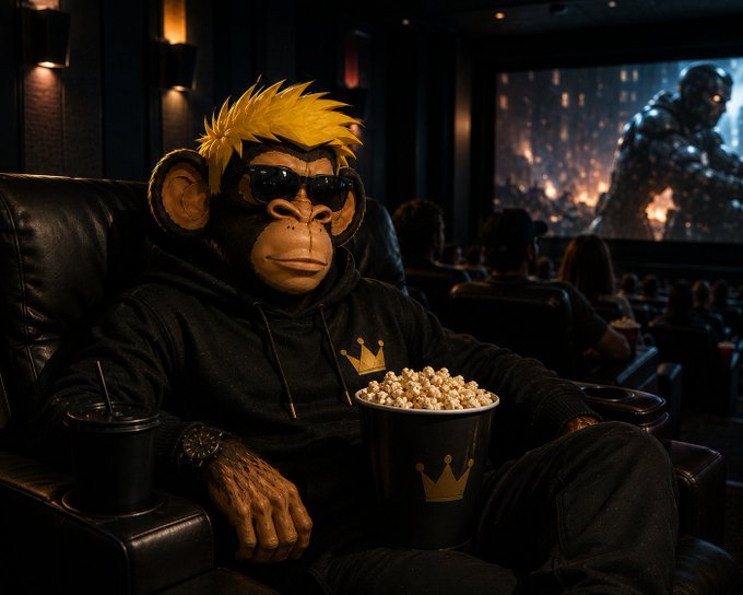 A digital art piece depicting a monkey character with spiky blonde hair and sunglasses, wearing a black hoodie with a gold crown logo, casually eating popcorn while watching a movie in a dark theater.