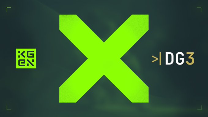 A graphic featuring a large green 'X' flanked by a 'KGEN' logo on the left and '>I DG3' text on the right.