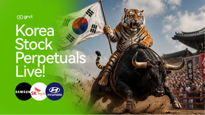 The image features a large, majestic tiger riding atop a bull. The scene takes place outdoors, possibly at an event or a circus. In the background, there are several people watching the spectacle unfold. The image also includes text that reads "Korea Stock Perpetuals Live!", which seems to be related to the Korean stock market. Additionally, there is a logo for a car company and a logo for a smartphone company in the bottom left corner of the image.