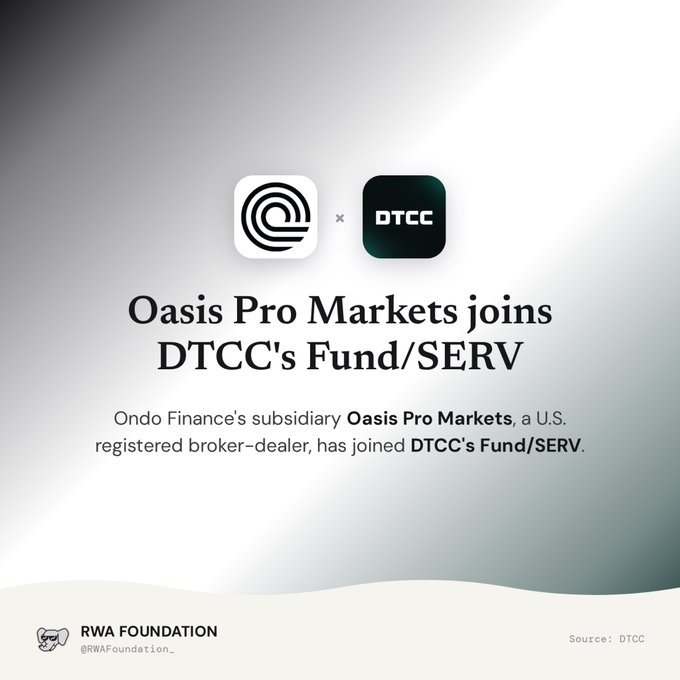 An announcement graphic stating "Oasis Pro Markets joins DTCC's Fund/SERV," noting Ondo Finance's subsidiary has joined the platform, featuring the DTCC and RWA Foundation logos.