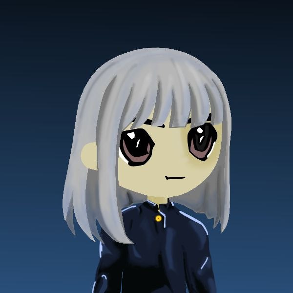 A chibi-style 3D character with long white hair and large expressive eyes, wearing a dark navy uniform with a yellow button, stands against a gradient blue background. The anime-inspired figure complements the post's NFT mint announcement, giving the project a recognizable mascot or avatar aesthetic.