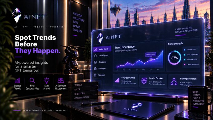 A sleek futuristic dashboard branded "AINFT" displays an AI-powered trend analysis interface with a chart labeled "Trend Emergence" showing an "Emerging Trend" marker, alongside metrics indicating "87%" trend strength and tabs for Market Trends, Social Signals, Collections, AI Insights, and Watchlist. Promotional text reads "Spot Trends Before They Happen" and "AI-powered insights for a smarter NFT tomorrow," visually reinforcing the post's theme of using AI to detect emerging NFT trends early through social engagement and marketplace activity analysis.