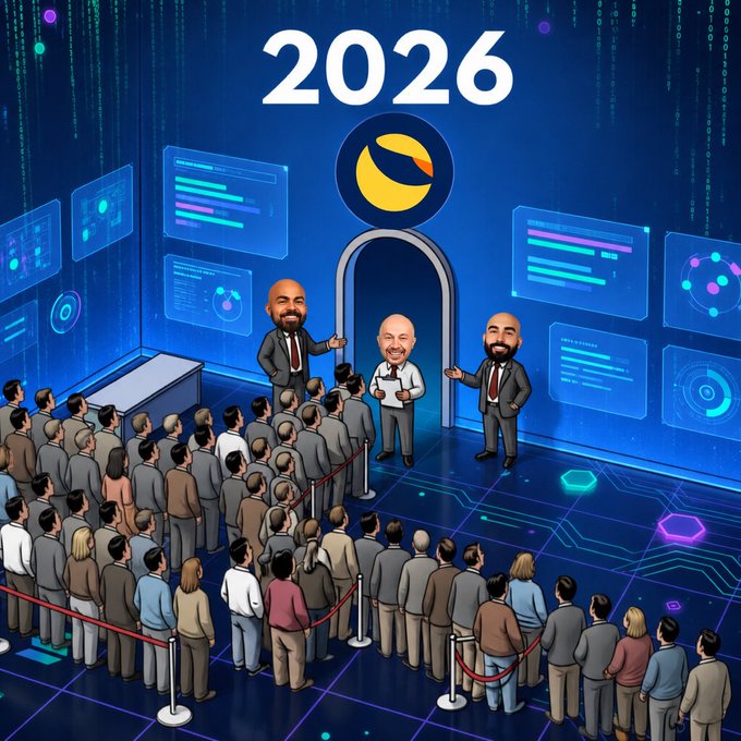 A digital illustration shows a large crowd lined up behind red stanchions, waiting to enter a glowing portal marked "2026" and the LUNA Classic ($LUNC) logo, guarded by three smiling cartoon figures in suits. The image captures a hopeful, optimistic sentiment from the "Gm $LUNC" post, depicting the community eagerly awaiting the new year's potential for the LUNC cryptocurrency.