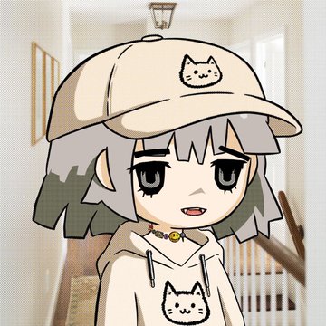 An anime-style illustration of a gray-haired girl with a bob cut, wearing a beige cap with a cat design and a matching beige hoodie, also featuring a small cat graphic on the chest.