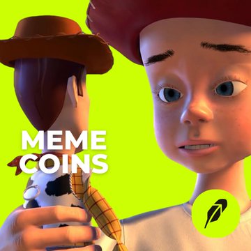 The image is a stylized 3D illustration featuring a woman holding a Woody doll from Toy Story against a bright green background, with the text "MEME COINS" and a bird logo overlay. It appears to be a thumbnail or graphic commenting on Robinhood Chain's pivot away from memecoins toward RWA (Real World Asset) trading pairs like Memecoin × Stock, using the Toy Story imagery ironically to suggest the memecoin era is being put aside.