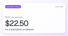 A payment confirmation screenshot showing 'DICEY Jay' got paid $22.50 for a submission on Citwork, dated Aug 3, 2025.