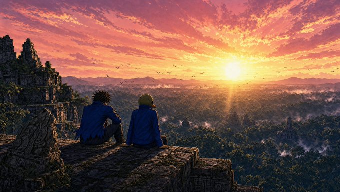 An anime-style illustration depicts two figures sitting on ancient stone ruins overlooking a vast jungle landscape at sunset, with orange and pink clouds filling the sky.