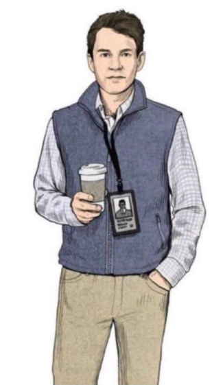 An illustrated man in a blue vest and khaki pants holding a coffee cup with an ID badge around his neck.