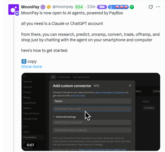 A tweet from MoonPay (@moonpay) announces that 'MoonPay is now open to AI agents, powered by PayBox,' showing instructions to set up a custom Claude connector.