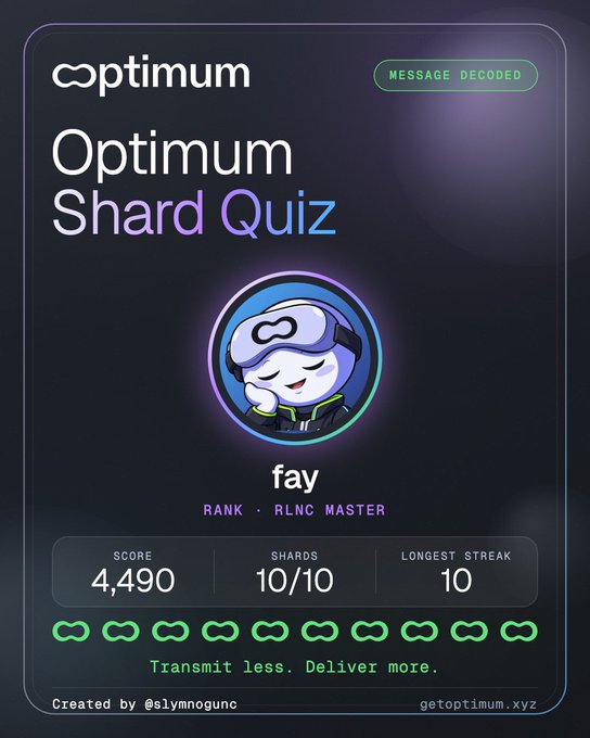 An 'Optimum Shard Quiz' completion card showing user 'fay' ranked as RLNC Master with a score of 4,490, 10/10 shards, and a longest streak of 10, tagged 'Message Decoded'.