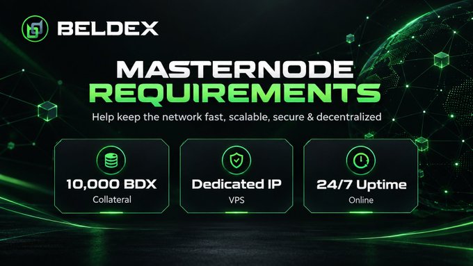 A promotional graphic for BELDEX cryptocurrency showing 'MASTERNODE REQUIREMENTS' with three specs: '10,000 BDX Collateral', 'Dedicated IP VPS', and '24/7 Uptime Online'.