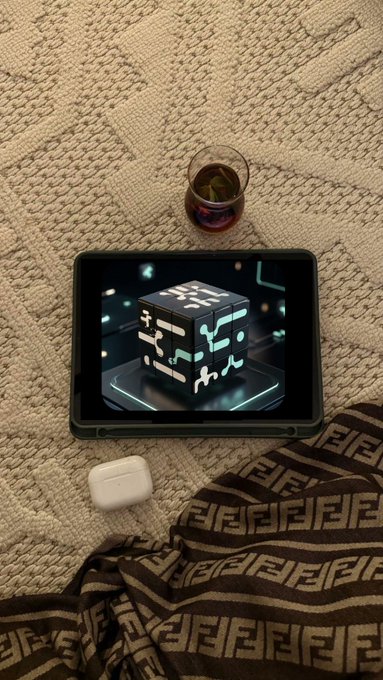 The image features a tablet computer placed on top of a blanket or comforter with a patterned design. The tablet screen displays an image, possibly a cube-like object, which could be a part of a video game or some other form of digital entertainment. A glass filled with liquid is also present in the scene, adding to the cozy atmosphere. The text "The future won't belong only to the fastest blockchains it will belong to the networks that can communicate with the real world" suggests that Rialo is working on creating a bridge between the virtual and physical worlds through their innovative technology.
