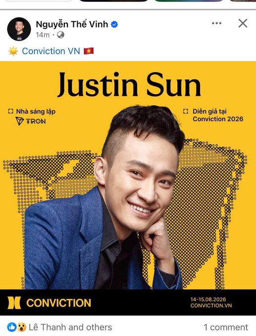 A Facebook post by Nguyễn Thế Vinh announcing that Justin Sun, founder of TRON, will be a speaker at Conviction VN 2026 on 14-15.08.2026.
