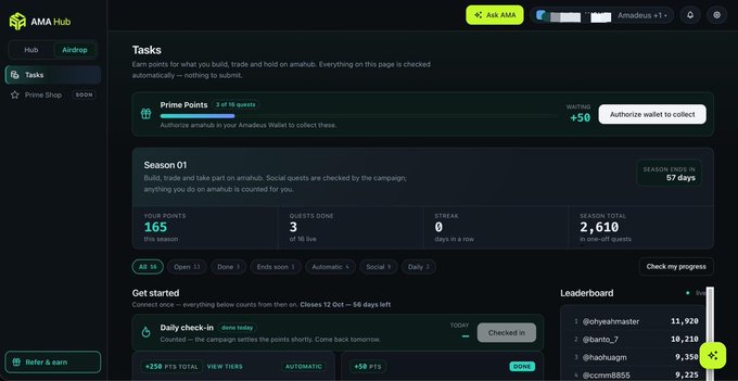 A dark-themed screenshot of the 'AMAHub' Tasks dashboard for an airdrop campaign, showing stats like 165 points, 2,610 season total, and a daily check-in option to earn +50 points.