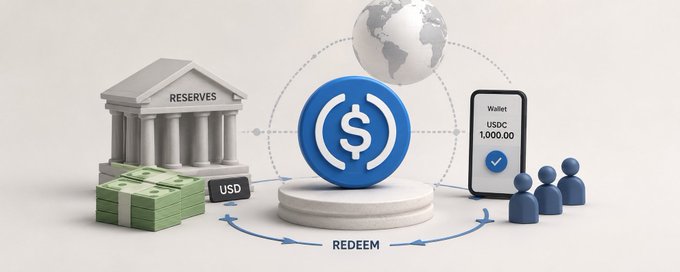 A 3D graphic illustrating the USDC stablecoin system, showing a connection between a 'RESERVES' building holding USD, the USDC logo, a globe, a mobile wallet showing a balance of '1,000.00', and users with an arrow labeled 'REDEEM'.