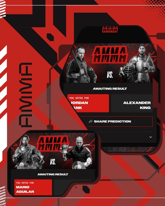 The image features an advertisement for a fighting game called "Armored MMA" that was released two days ago. The poster displays three images of men, each representing a fighter from the game. One fighter is wearing armor while another one is not. The text on the poster indicates that the game has been released for free and offers a way to get a relic NFT (Non-Fungible token) in exchange for predicting the outcome of the match between two players.