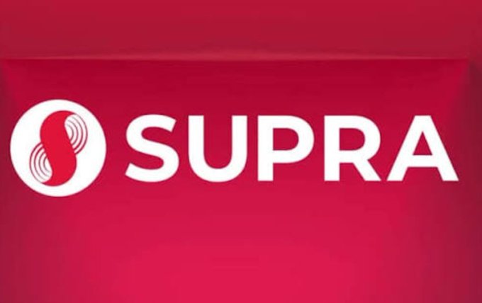 A red promotional image displaying the white 'SUPRA' logo with its distinctive circular emblem.